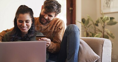 Buy stock photo House, credit card and couple on couch, laptop and online banking with mortgage, savings and password. Voucher code, man and woman with pc, ecommerce and payment with transactions and budget planning