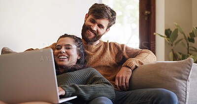 Buy stock photo Couple, laughing and watching movie with laptop, home and bonding in living room with comedy series. Happy, man and woman with tech for entertainment, relax and humor for funny film on web in house