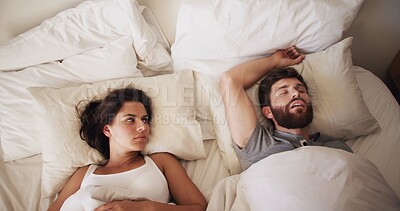 Buy stock photo Couple, bed and woman annoyed with man for snoring, loud or noise with frustrated partner in home. Person with sleep apnea, angry wife with sleepless night and awake, upset and irritated at house 