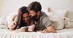Happy, love and couple with pregnancy test on bed for future, family or baby together in home. Smile, bonding and man with woman for positive pregnant kit with excitement in marriage in bedroom.