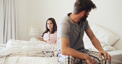 Buy stock photo Frustrated woman, fight or argument with stress in bed for cheating affair or private messages. Upset, female person or toxic relationship with phone in home bedroom dispute for guilt or trust issues