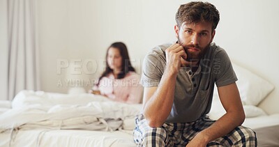 Buy stock photo Portrait, man and couple in bedroom, ignore and divorce with conflict, marriage and angry. Home, people and stress with woman, toxic relationship and marital problems with breakup, fail and affair