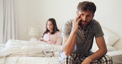 Buy stock photo Frustrated couple, headache and bed with stress for conflict, disagreement or argument in home. Upset, man and woman with guilt, fight or dispute in bedroom for cheating affair, mistake or divorce