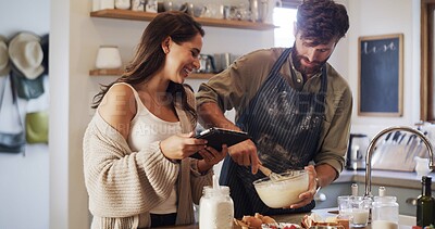 Buy stock photo Kitchen, help or couple on tablet for baking recipe method, lunch guide or teamwork in home together. Online tutorial, cooking or people on touchscreen with instructions, food or meal prep steps