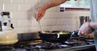 Buy stock photo Hands, man and cooking vegetables in kitchen for healthy dinner, gourmet recipe or ingredients. Male chef, person and meal preparation in home for organic lunch, nutrition or vegetarian food on stove