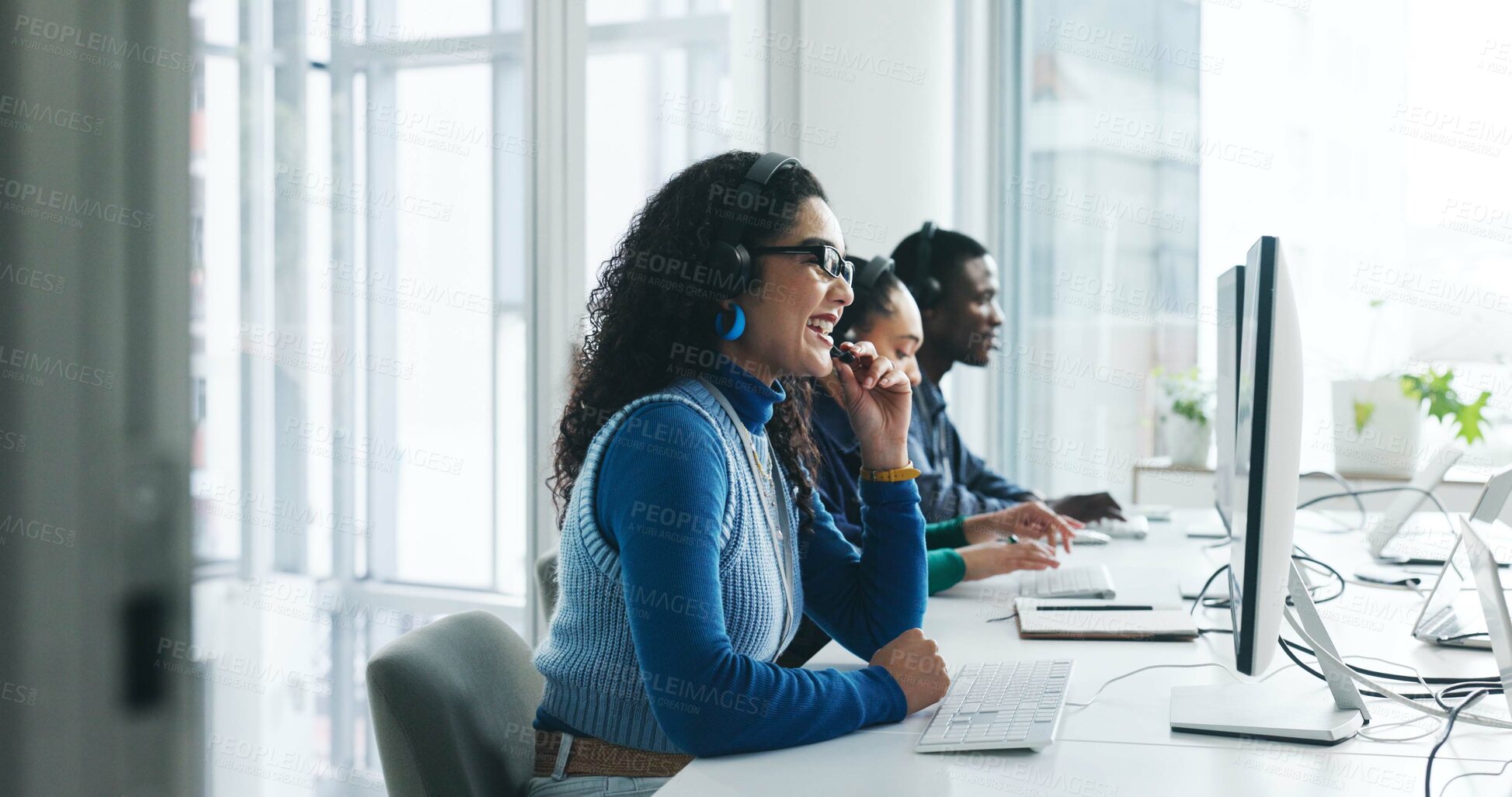 Buy stock photo Call center, computer and woman in office with consultation, CRM or online communication. Happy, headset and technical support consultant with contact us, query or customer service in workplace.