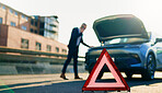 Warning sign, car breakdown and triangle on road with problem, fail or roadside assistance. Frustrated, person and reflective hazard for highway safety, emergency call or mechanical crisis outdoor