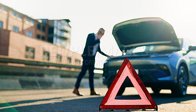 Buy stock photo Warning sign, car breakdown and triangle on road with problem, fail or roadside assistance. Frustrated, person and reflective hazard for highway safety, emergency call or mechanical crisis outdoor