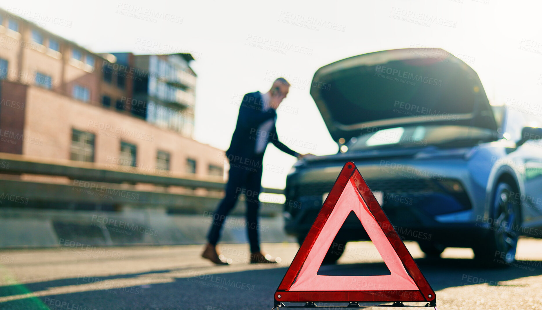 Buy stock photo Warning sign, car breakdown and triangle on road with problem, fail or roadside assistance. Frustrated, person and reflective hazard for highway safety, emergency call or mechanical crisis outdoor