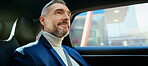 Thinking, travel and business man in taxi for transportation, conference trip or reflection. Private chauffeur service, commute and vision with mature person in car for tourism, professional or drive