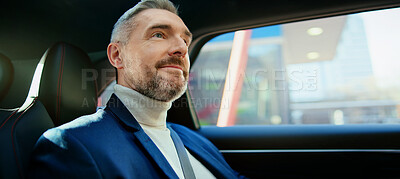 Buy stock photo Thinking, travel and business man in taxi for transportation, conference trip or reflection. Private chauffeur service, commute and vision with mature person in car for tourism, professional or drive