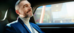 Thinking, smile and business man in taxi for transportation, conference trip or reflection. Private chauffeur service, commute and vision with mature person in car for tourism, professional or travel