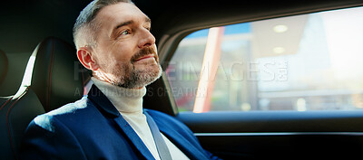 Buy stock photo Thinking, smile and business man in taxi for transportation, conference trip or reflection. Private chauffeur service, commute and vision with mature person in car for tourism, professional or travel