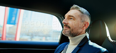 Buy stock photo Happy, travel and business man in taxi for transportation, conference trip and destination. Private chauffeur service, commute and passenger or mature person in car for tourism, professional or drive
