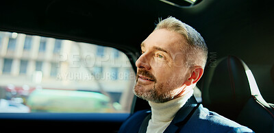 Buy stock photo Smile, travel and business man in taxi for transportation, conference trip and destination. Private chauffeur service, commute and passenger or mature person in car for tourism, professional or drive