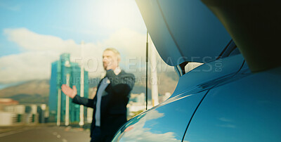 Buy stock photo Frustrated man, phone call and broken car in city with stress, insurance or roadside assistance. Emergency service, person and talk on tech for vehicle breakdown, help or mechanical crisis outdoor