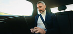 Businessman, laptop or travel in car with internet, planning trip or company update. Mature person, computer or connectivity in private ride service for schedule, journey research or agenda feedback