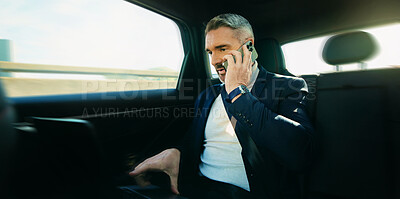 Buy stock photo Backseat, commute and phone call with business man in car for ride share or travel to work location. Communication, conversation and drive with mature passenger in taxi for transport to destination