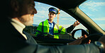 Window, police officer and stop with man in car for sobriety checkpoint, traffic violation and inspection. Roadside patrol, vehicle registration and legal compliance with people for law enforcement