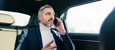 Buy stock photo Travel, ceo and man with in car, phone call and communication with contact for business opportunity. Passenger, discussion or mature person with mobile for networking, talking and journey in vehicle