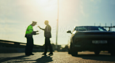 Buy stock photo Blur, police officer and car with man in city for sobriety checkpoint, traffic violation and inspection. Roadside patrol, vehicle registration and legal compliance with people for law enforcement