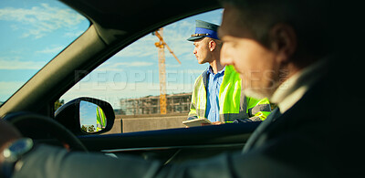 Buy stock photo Car, policeman and fine for driver, city and punishment for traffic violation, public safety or law. Disappointed, mature person and ticket for reckless driving, justice and officer with citation pad