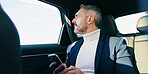 Commute, phone and thinking with passenger man in car for agenda, schedule or text message. Business, ride share and travel with mature employee in backseat for communication or transport to work