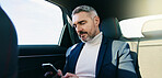 Travel, ceo and man with smartphone, car and communication with contact on social media and website. Commuting, passenger and mature person with mobile for message, texting or journey in transport