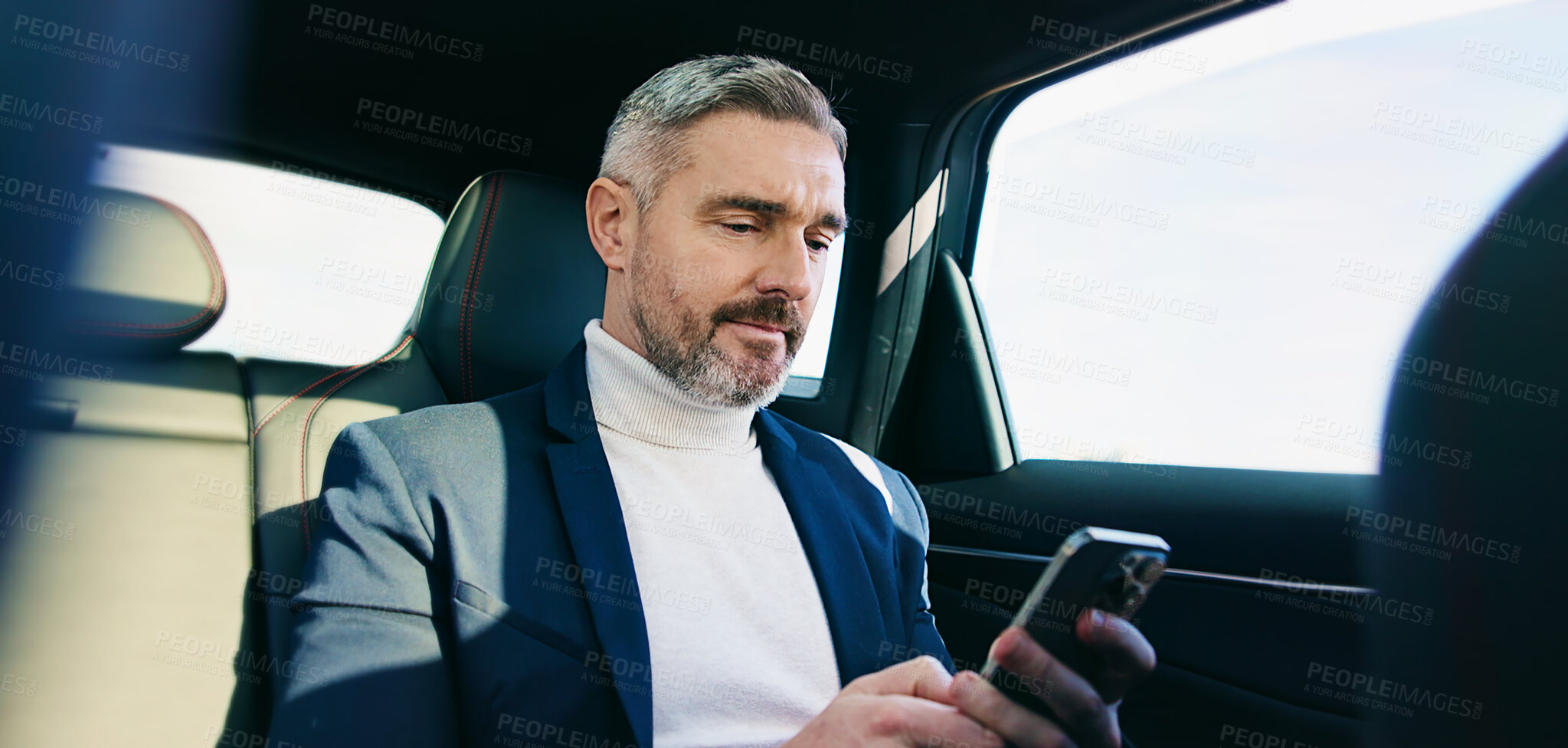 Buy stock photo Business, phone and ride share with passenger man in car for agenda, schedule or text message. Commute, drive and travel with mature employee in backseat for communication or transportation to work