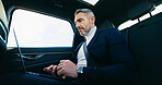 Businessman, laptop or travel in car with connectivity, planning trip or company update. Mature person, computer or internet in private ride service for schedule, journey research or agenda feedback