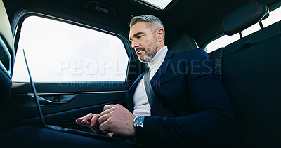 Buy stock photo Businessman, laptop or travel in car with connectivity, planning trip or company update. Mature person, computer or internet in private ride service for schedule, journey research or agenda feedback