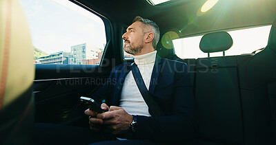 Buy stock photo Commute, phone and thinking with business man in car for agenda, schedule or text message. Idea, ride share and travel with mature passenger in backseat for communication or transportation to work