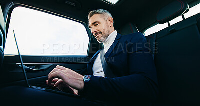 Buy stock photo Man, laptop or travel in car for business, planning trip or company update with typing. Mature person, computer or internet in private ride service for schedule, journey research or agenda feedback