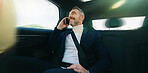 Commute, phone call and smile with business man in car for ride share or travel to work location. Backseat, communication and conversation with mature passenger in taxi for transport to destination