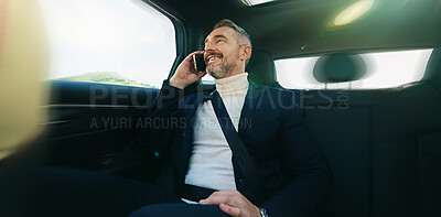 Buy stock photo Commute, phone call and smile with business man in car for ride share or travel to work location. Backseat, communication and conversation with mature passenger in taxi for transport to destination
