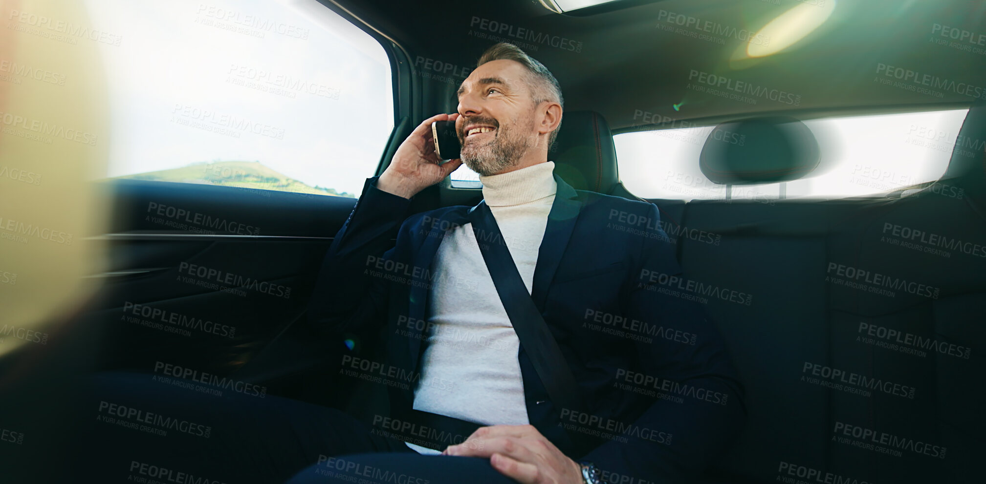 Buy stock photo Commute, phone call and smile with business man in car for ride share or travel to work location. Backseat, communication and conversation with mature passenger in taxi for transport to destination