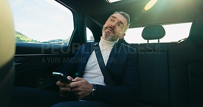 Buy stock photo Business, phone and travel with passenger man in car for agenda, schedule or text message. Commute, drive and ride share with mature employee in backseat for communication or transportation to work