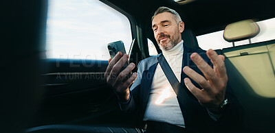 Buy stock photo Commuting, ceo and man with smartphone, car and communication with contact on social media and chat. Reading, good news and mature person with mobile for message, passenger or journey in transport