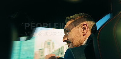 Buy stock photo Business, man and driving outdoor with car for travel tourism, journey and delay with traffic. Mature person, steering wheel and driver in vehicle for corporate trip, transport rush hour and highway