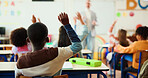Teacher, student and hand up in classroom with children for education, question or answer for knowledge. Man, kids with why or learning for academic growth, future and educator teaching in class