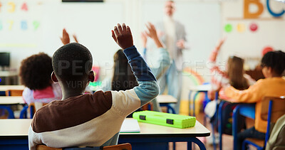 Buy stock photo Teacher, student and hand up in classroom with children for education, question or answer for knowledge. Man, kids with why or learning for academic growth, future and educator teaching in class