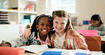 Portrait, kids and friends hug for education, support and happiness in elementary school. Smile, children and students embrace in classroom for learning, future and development with girls together