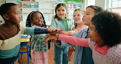 Buy stock photo Stack of hands, celebration and students in classroom for support, learning or education. Motivation, teamwork and group of kids with growth, friendship or childhood development at elementary school.