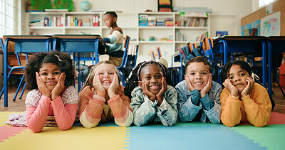Buy stock photo Portrait, happy kids or friends on floor for education, diversity or elementary school. Children, boys and group of girls with students in classroom for learning, future development or smile together