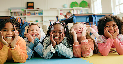 Buy stock photo Classroom, happy kids and students on floor for learning, diversity or elementary school. Children, boys and group of girls laugh with friends for education, future development or smile with portrait