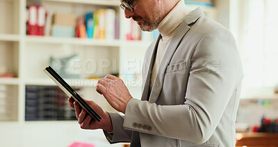 Buy stock photo Man, teacher and tablet in classroom for education, curriculum information and lesson planning. Educator, tech and app platform in school for research, academic schedule and connectivity for website