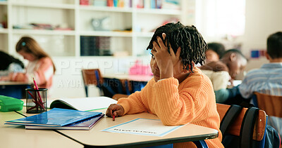 Buy stock photo Stress, fail and boy in classroom for learning education, daycare or nursery with students. Kindergarten, worry and frustrated kid at school for child development, assessment or knowledge evaluation