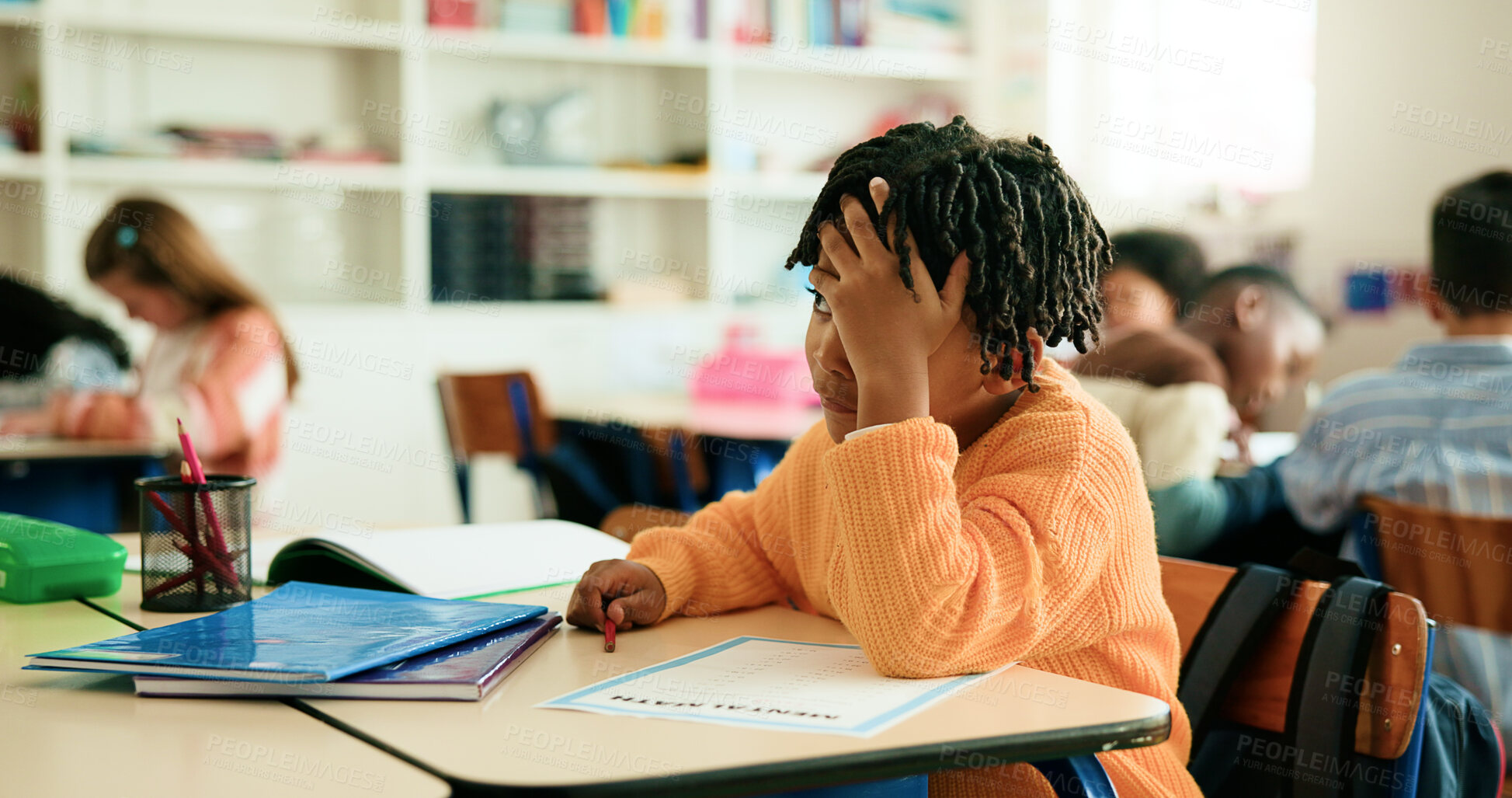 Buy stock photo Stress, fail and boy in classroom for learning education, daycare or nursery with students. Kindergarten, worry and frustrated kid at school for child development, assessment or knowledge evaluation