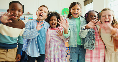 Buy stock photo Excited, portrait and children with wave in classroom together for learning, growth or development. Friends, smile and happy student kids in back to school class for education, knowledge or academics