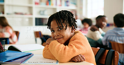 Buy stock photo Portrait, smile and boy in classroom for learning education, daycare or nursery with students. Kindergarten, academy and male kid at school for child development, assessment or knowledge evaluation